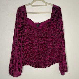 Torrid Wine Velvet Smocked Blouson Sleeve Crop Top Size 5